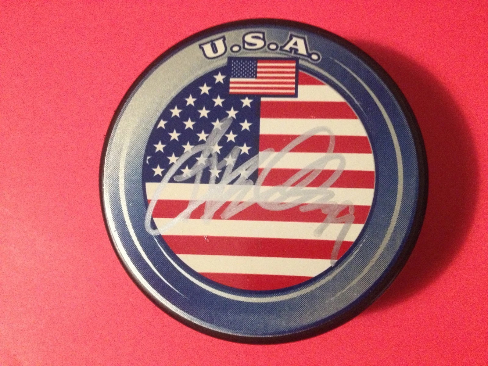 Ryan Miller Sabres Olympic USA Flag Signed Auto Puck
