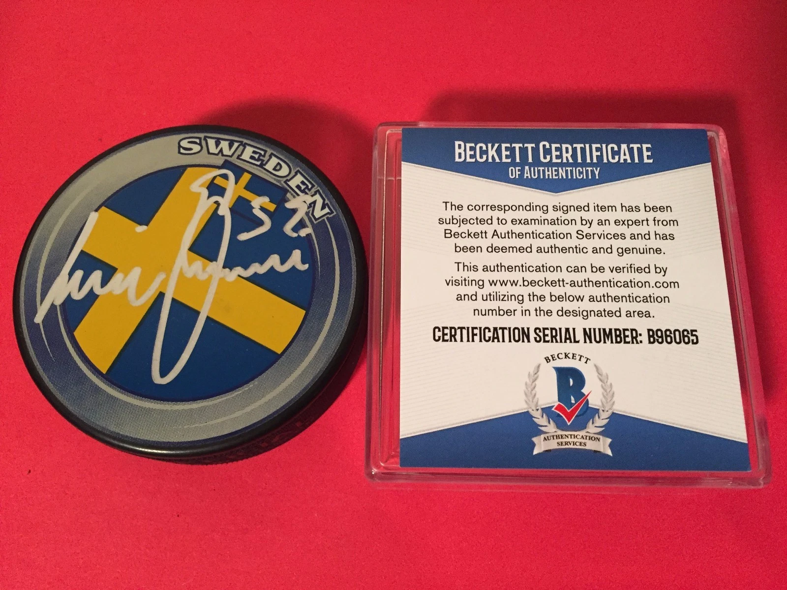 Tobias Enstrom Jets Sweden Signed Puck Auto Beckett BAS COA
