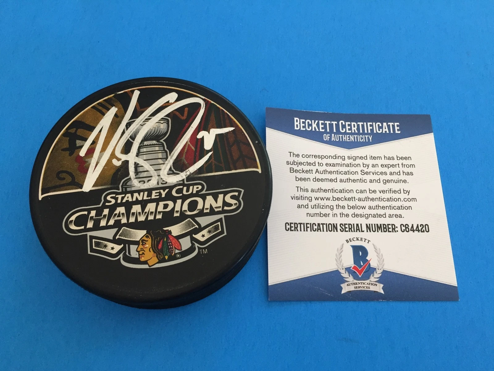 Victor Stalberg 2013 Stanley Cup Champions Puck Signed Auto Beckett BAS COA
