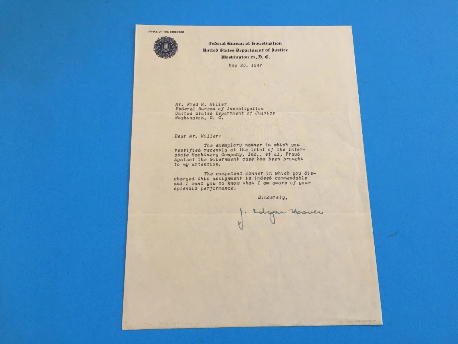 J. Edgar Hoover Historic Signed Auto FBI Letter PSA/DNA COA
