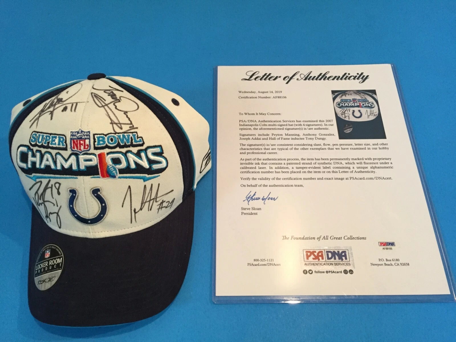 Peyton Manning Tony Dungy Super Bowl Signed Auto Hat Cap PSA/DNA COA Letter
