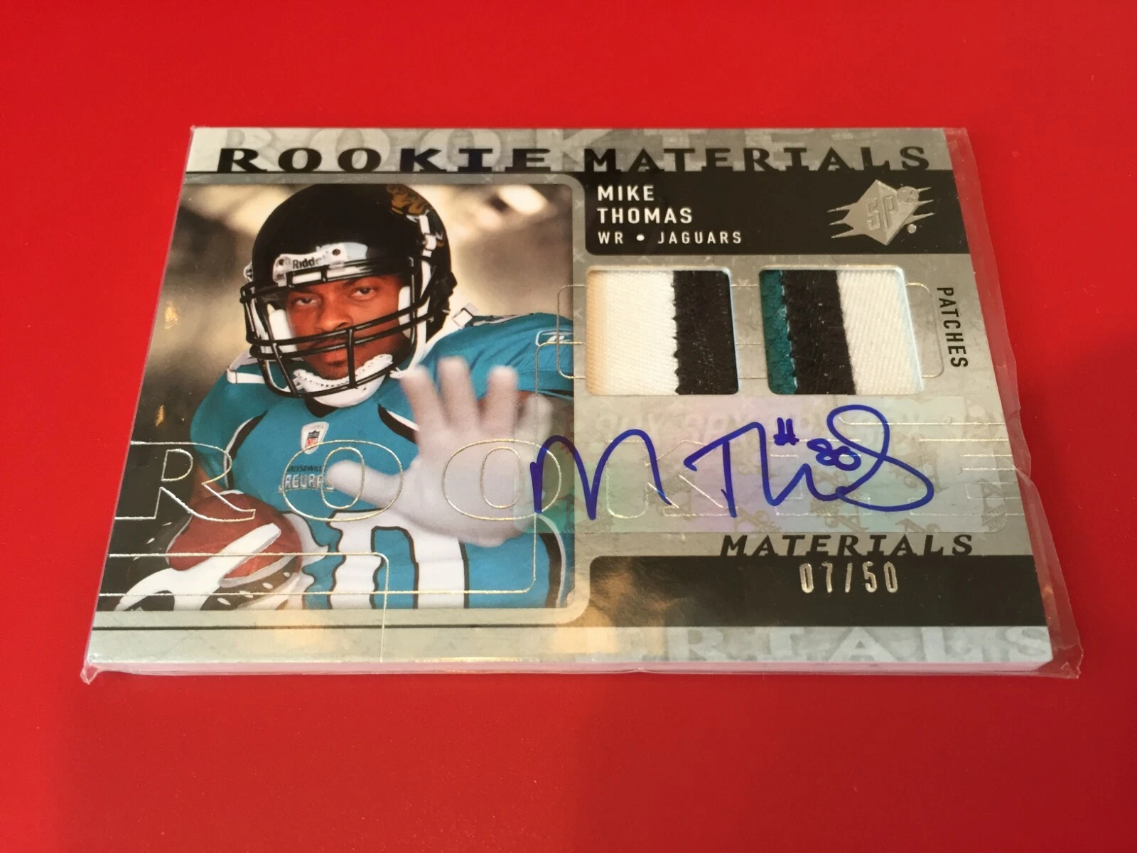 Mike Thomas 2009 SPx Rookie Materials RC 3-CLR Patch Auto card /50
