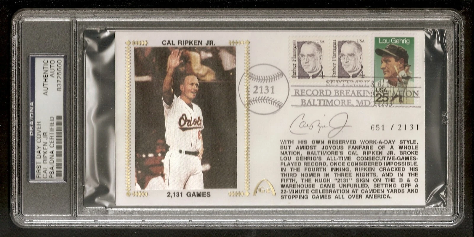 Cal Ripken Jr. HOF Game 2131 First Day Cover Signed Auto PSA/DNA RARE
