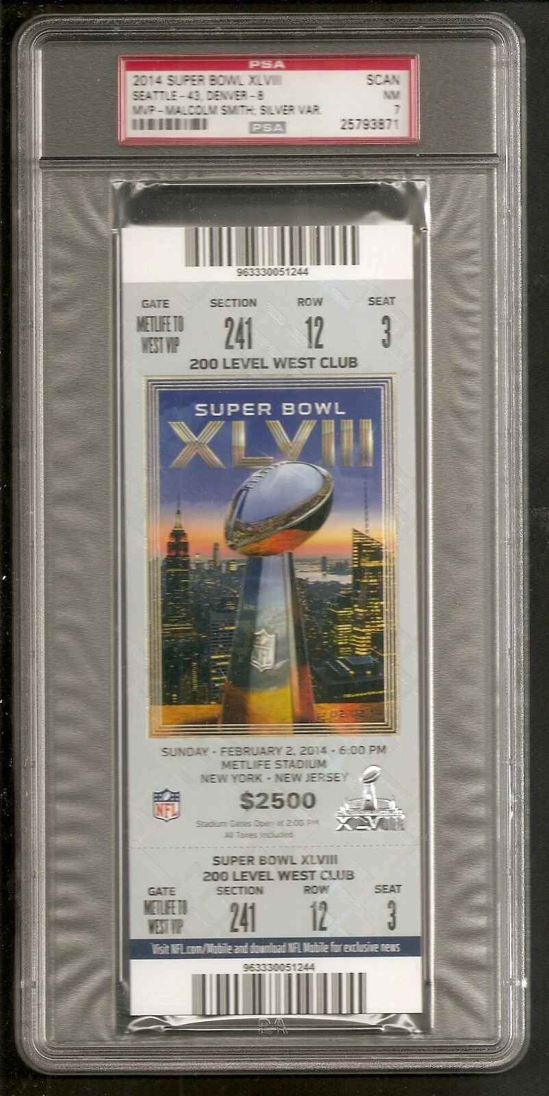 Super Bowl 2014 XLVIII Seattle Denver Full Ticket Near Mint PSA 7
