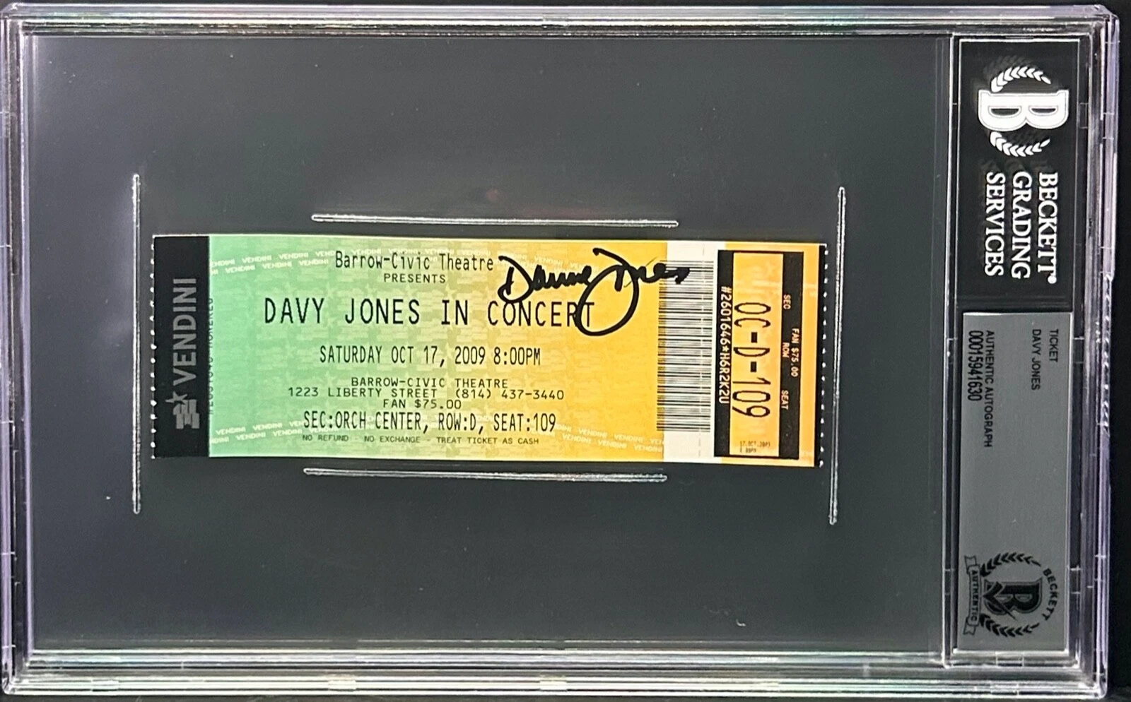 DAVY JONES THE MONKEES Signed Autograph Concert Ticket Slabbed Encapsulated BAS
