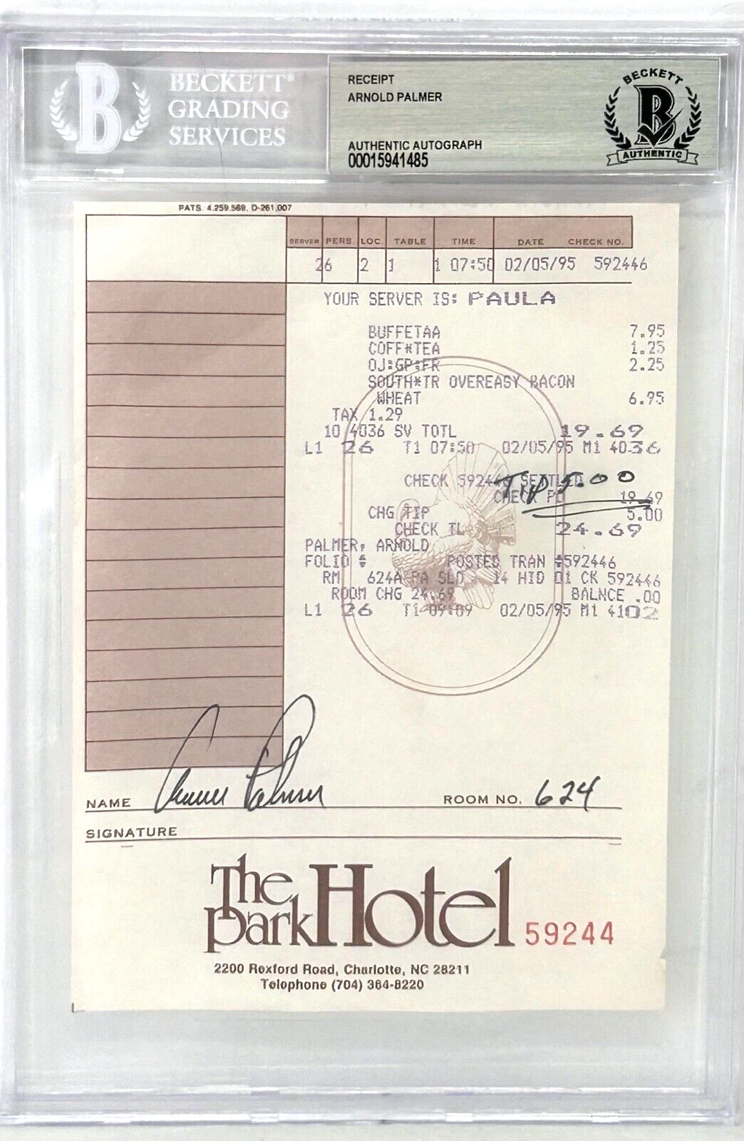 ARNOLD PALMER SIGNED AUTO SLABBED ENCAPSULATED THE PARK HOTEL RECEIPT BAS COA COLLECTIBLE MEMORABILIA