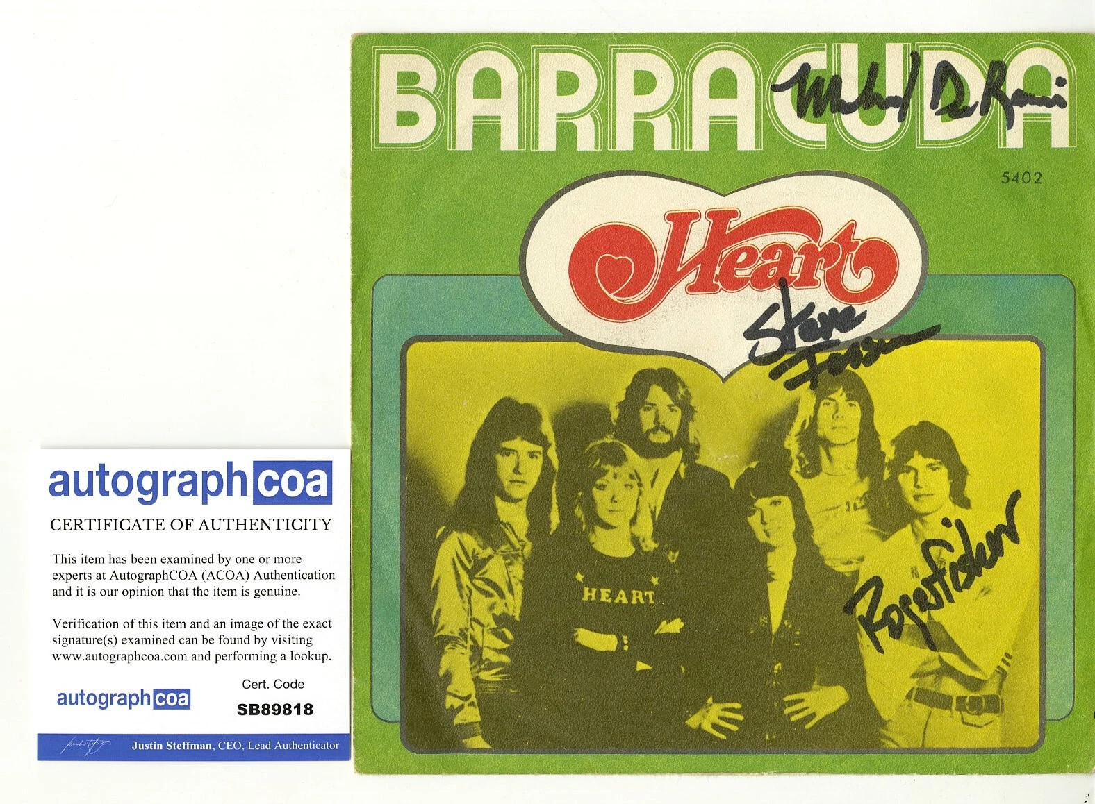 HEART BARRACUDE 7″ SIGNED VINYL RECORD ROGER FISHER, STEVE FOSSEN, DEROSIER ACOA
 COLLECTIBLE MEMORABILIA