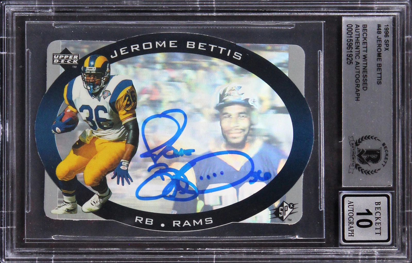 Rams Jerome Bettis Authentic Signed 1996 SPX #48 Card Auto Grade 10! BAS Slabbed
