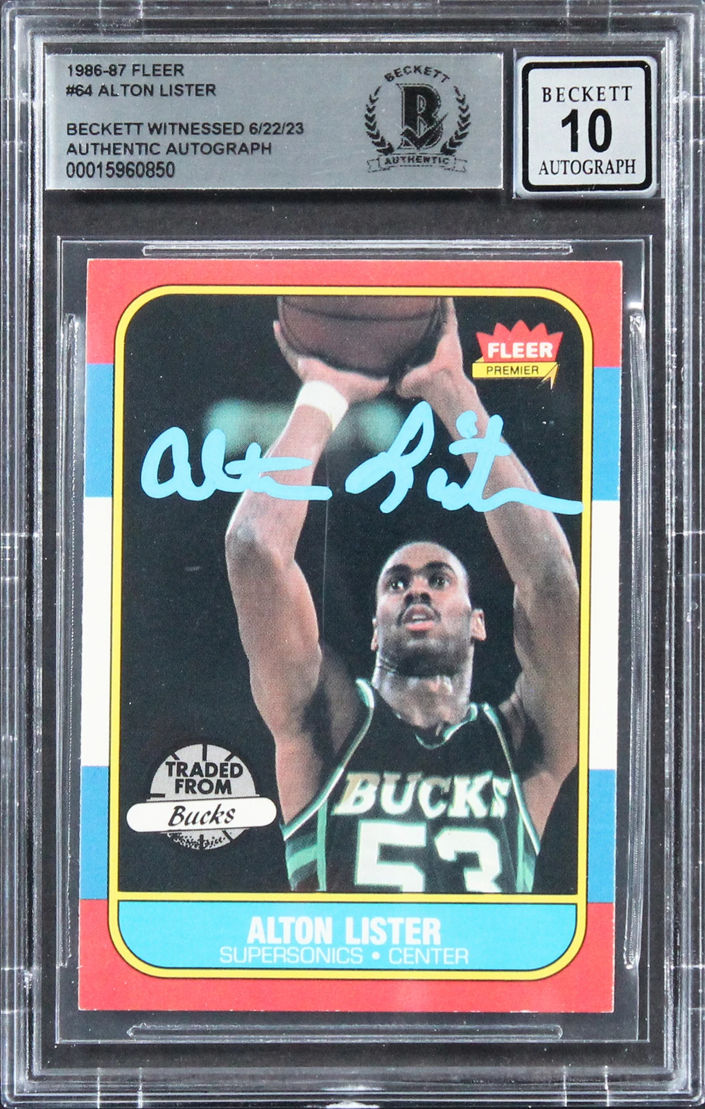 Bucks Alton Lister Signed 1986 Fleer #64 Card Auto 10! BAS Slabbed Rare!
