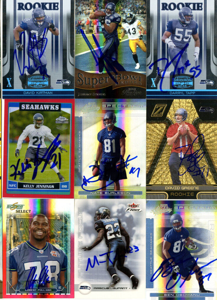 9 SIGNED SEATTLE SEAHAWKS CARD LOT ##/25 OR UNDER MARCUS TRUFANT, NATE BURLESON+
 COLLECTIBLE MEMORABILIA