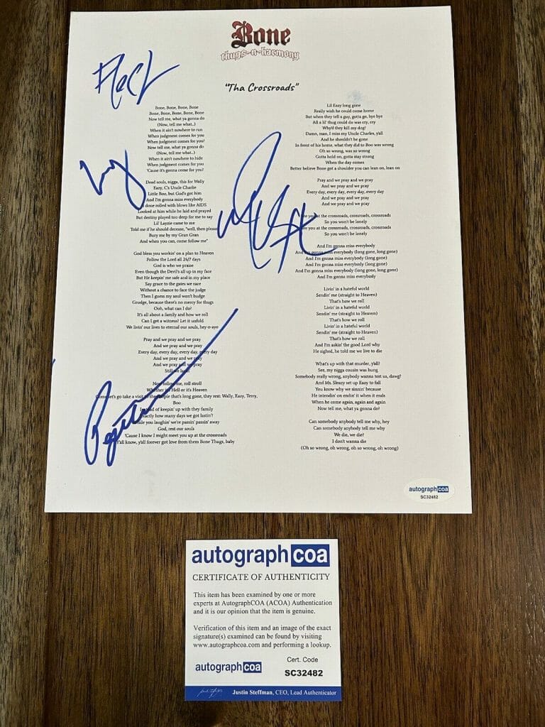 BONE THUGS N HARMONY SIGNED LYRIC SHEET WISH LAYZIE FLESH AUTOGRAPH ACOA
 COLLECTIBLE MEMORABILIA
