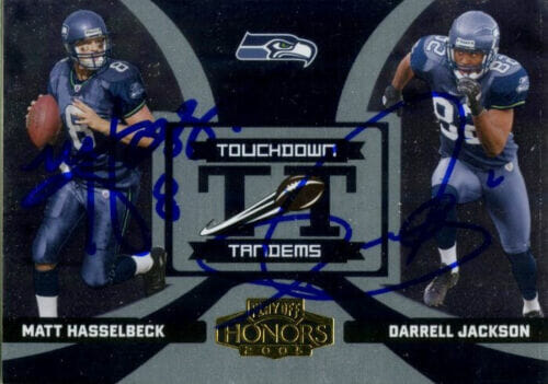 DARRELL JACKSON MATT HASSELBECK 2005 PLAYOFF HONORS /250 SIGNED SEAHAWKS CARD
 COLLECTIBLE MEMORABILIA