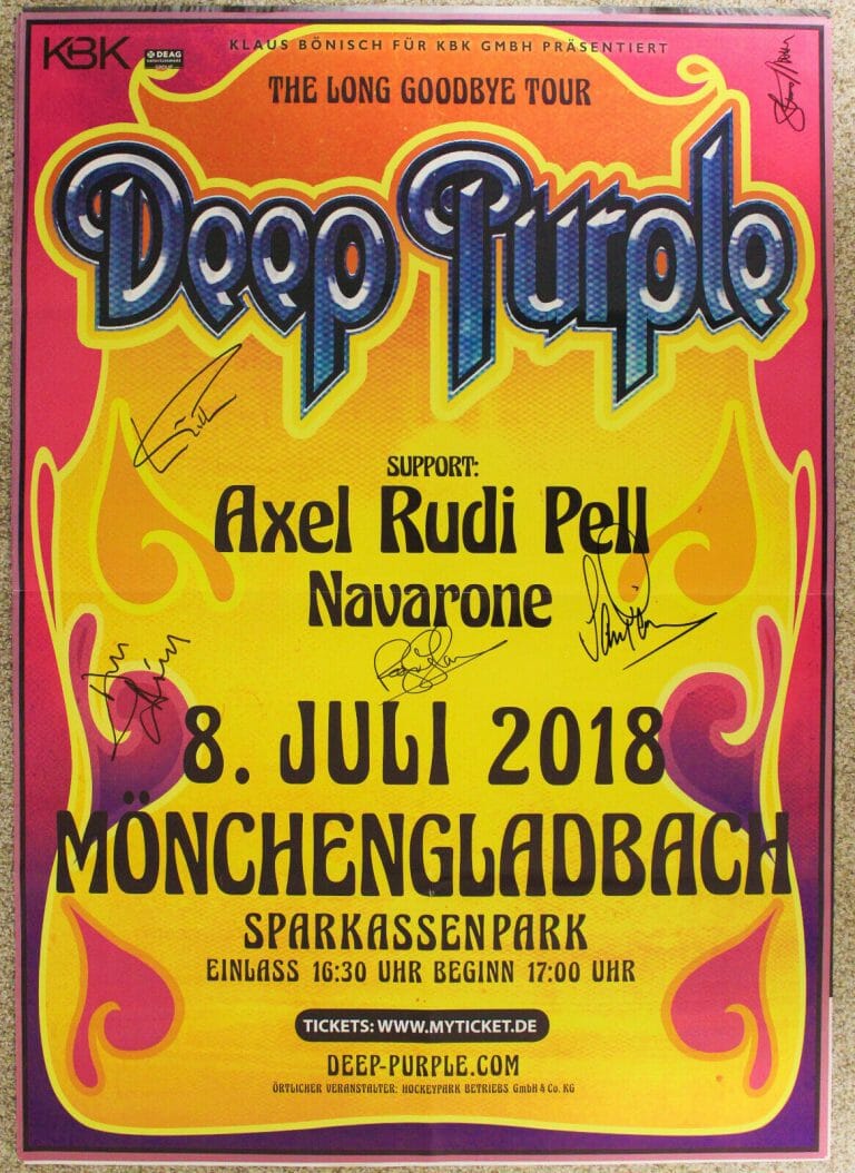 DEEP PURPLE 24×36″ 2018 CONCERT POSTER FROM GERMANY, SIGNED BY THE BAND ACOA
 COLLECTIBLE MEMORABILIA