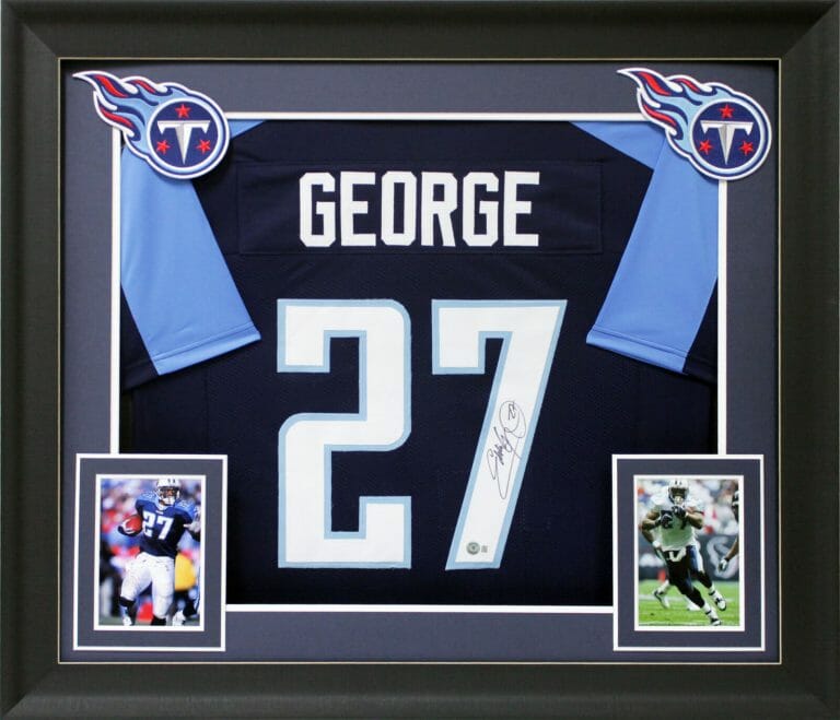 EDDIE GEORGE AUTHENTIC SIGNED NAVY BLUE PRO STYLE FRAMED JERSEY BAS WITNESSED
 COLLECTIBLE MEMORABILIA