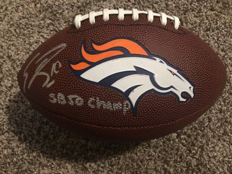 EMMANUEL SANDERS SIGNED DENVER BRONCOS FOOTBALL JSA COA INSCRIBED SB 50 CHAMPS
 COLLECTIBLE MEMORABILIA