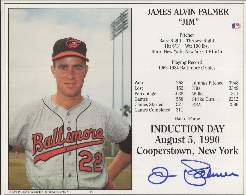 Orioles Jim Palmer Authentic Signed 8x10 Induction Day Stat Photo