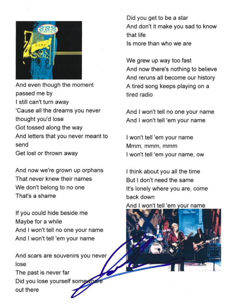JOHNNY RZEZNIK SIGNED NAME LYRIC SHEET GOO GOO DOLLS AUTHENTIC AUTOGRAPH
 COLLECTIBLE MEMORABILIA