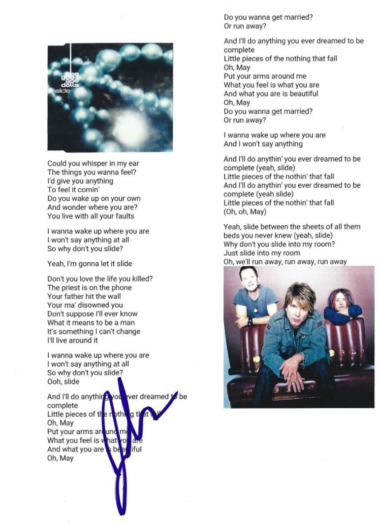JOHNNY RZEZNIK SIGNED SLIDE LYRIC SHEET GOO GOO DOLLS AUTHENTIC AUTOGRAPH
 COLLECTIBLE MEMORABILIA