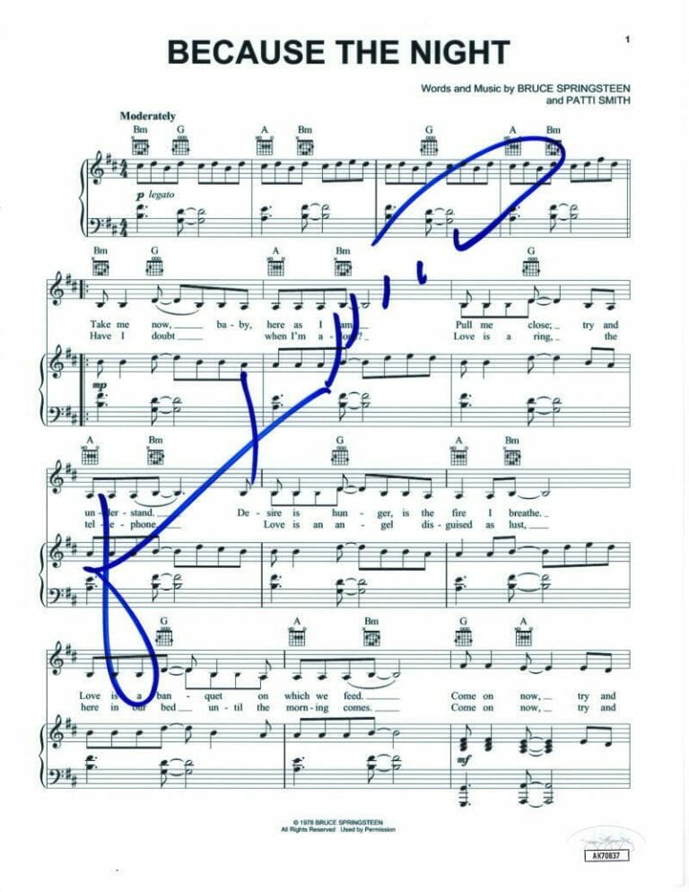 PATTI SMITH SIGNED AUTOGRAPH BECAUSE THE NIGHT SHEET MUSIC W/ SPRINGSTEEN JSA
 COLLECTIBLE MEMORABILIA