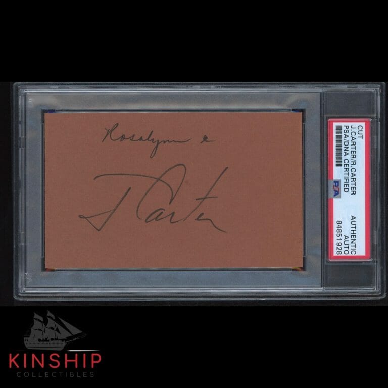 PRESIDENT JIMMY CARTER SIGNED 3×5 CUT WITH ROSALYNN PSA DNA SLABBED AUTO C1538
 COLLECTIBLE MEMORABILIA