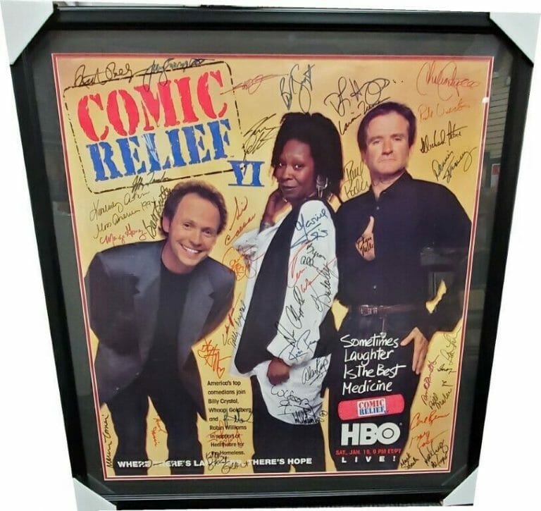 ROBIN WILLIAMS WHOOPIE GOLDBERG BILLY CRYSTAL SIGNED FRAMED COMIC RELIEF POSTER
 COLLECTIBLE MEMORABILIA