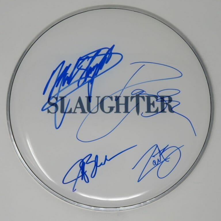 SLAUGHTER (GROUP BAND) SIGNED AUTOGRAPH AUTO 12″ DRUMHEAD DRUM HEAD BY 4 JSA
 COLLECTIBLE MEMORABILIA