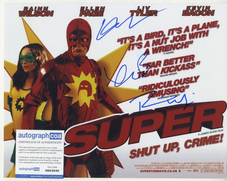 SUPER (FILM) JAMES GUNN SIGNED 11×14 RAINN WILSON KEVIN BACON ELLEN PAGE ACOA (C
 COLLECTIBLE MEMORABILIA