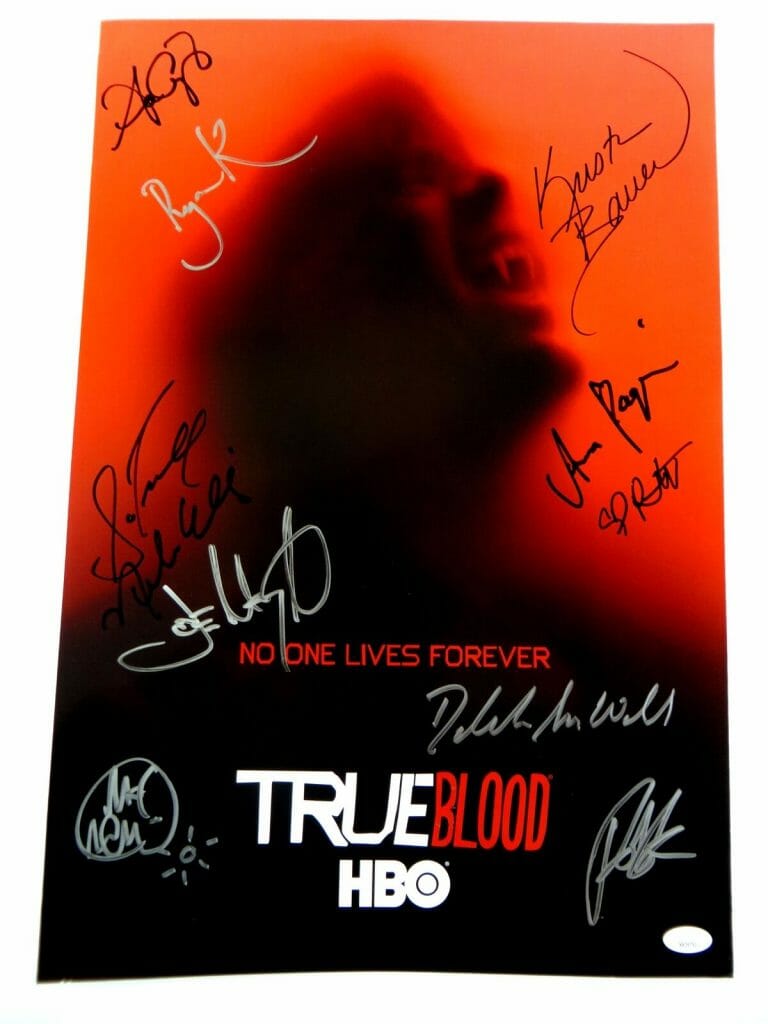 TRUE BLOOD CAST SIGNED 13X20 POSTER 11 AUTOS PAQUIN ELLIS WOLF BAUER JSA XX29752
 COLLECTIBLE MEMORABILIA