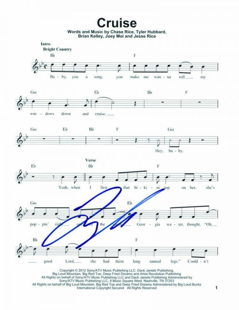 TYLER HUBBARD SIGNED AUTOGRAPH CRUISE SHEET MUSIC – FLORIDA GEORGIA LINE
 COLLECTIBLE MEMORABILIA