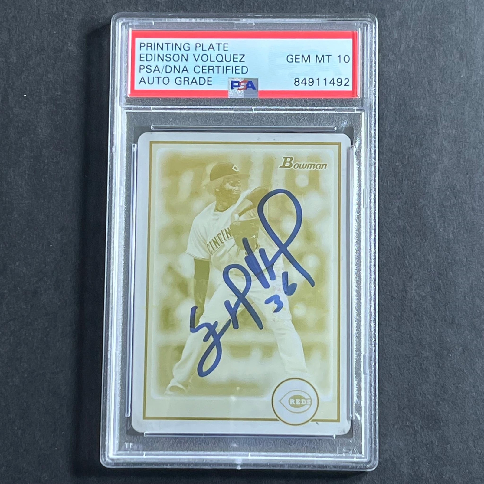 2016 Bowman Yellow Printing Plate #139 Edinson Volquez Signed Card PSA Slabbed A
