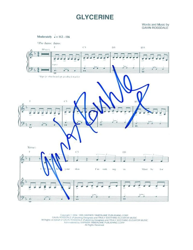 Gavin Rossdale Bush Signed Autograph Glycerine Sheet Music - Sixteen Stone
