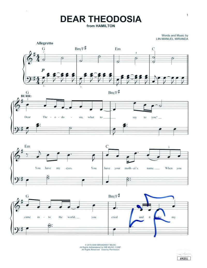 Lin-Manuel Miranda Signed Autograph Dear Theodosia Hamilton Sheet Music JSA COA
