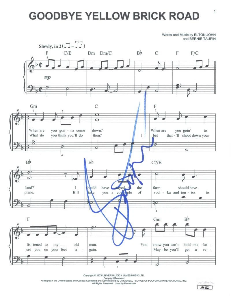 Bernie Taupin Signed Autograph Goodbye Yellow Brick Road Sheet Music w/ JSA COA

