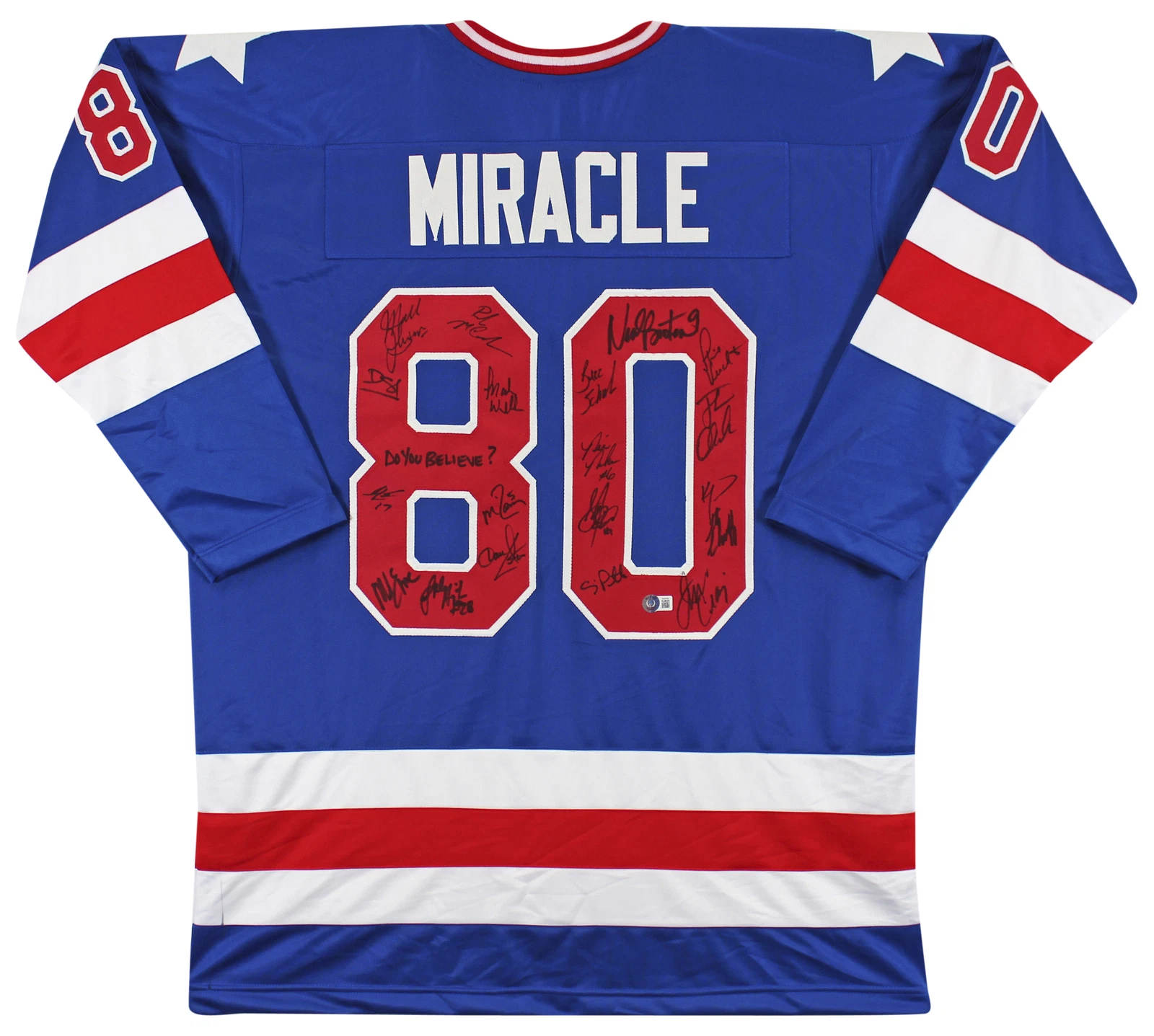 1980 USA HOCKEY 19 AUTOS CRAIG, ERUZIONE, BROTEN SIGNED BLUE JERSEY BAS WIT 1 COLLECTIBLE MEMORABILIA