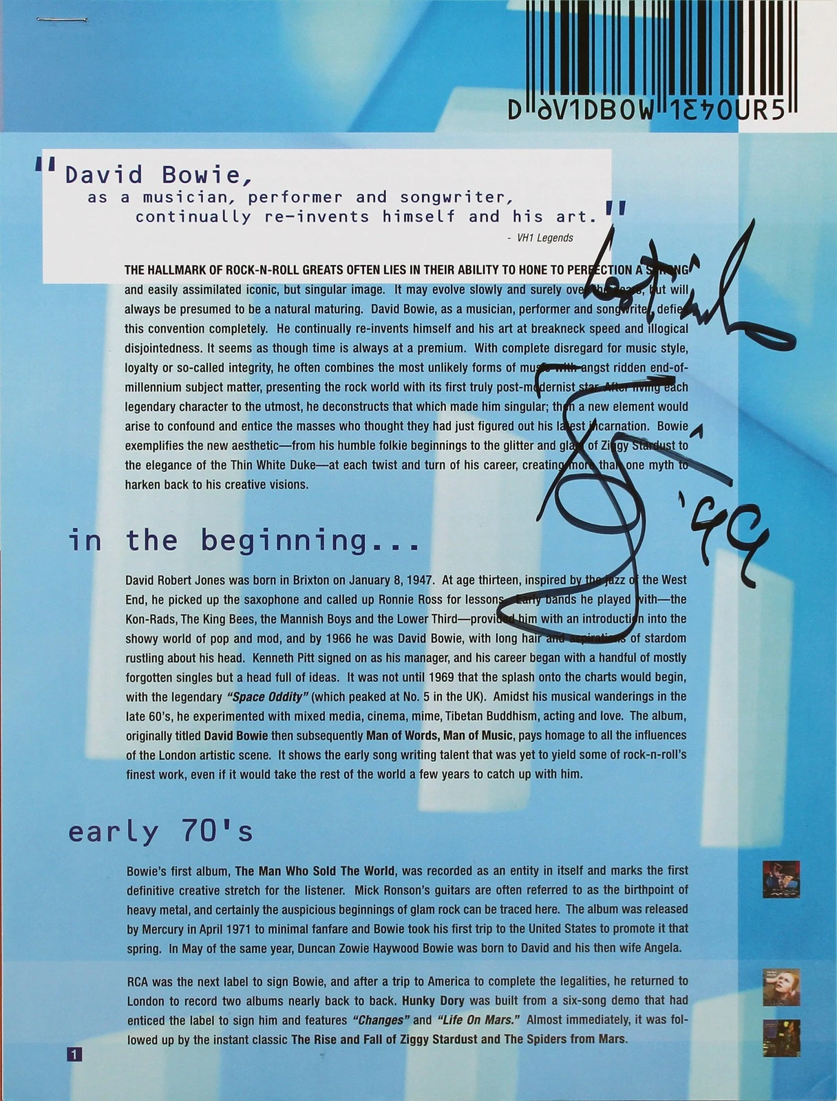 David Bowie Signed Virgin Records Press Release Hours LP Program BAS #AA03162
