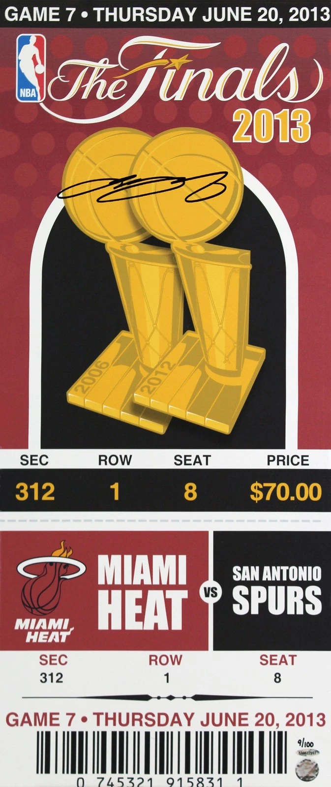 Heat LeBron James Signed 14x33 2013 Finals Mega Ticket Canvas LE #9/100 UDA
