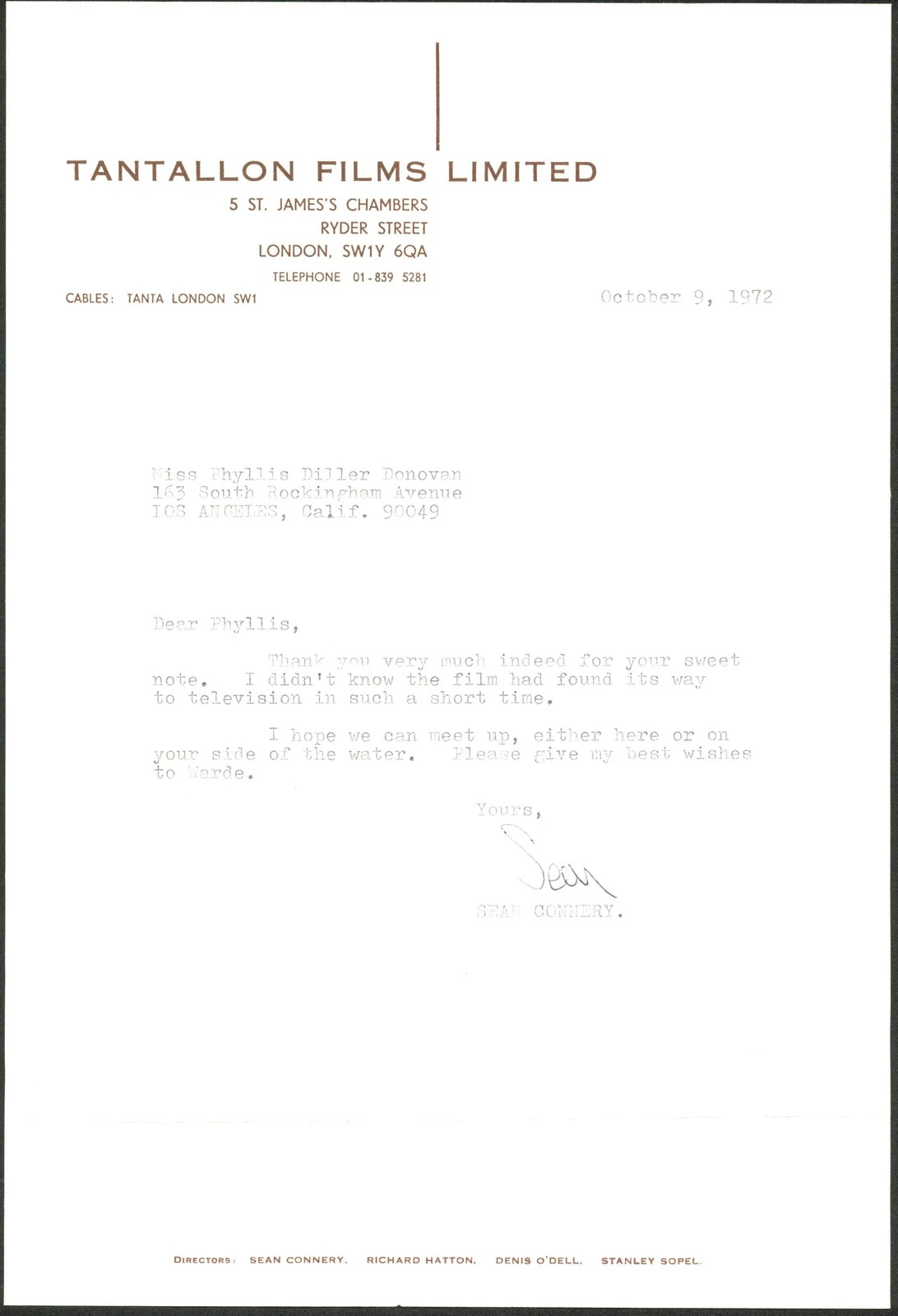 Sean Connery Signed 1972 7.75x11x75 Letter On Tantallon Films Ltd Letterhead BAS
