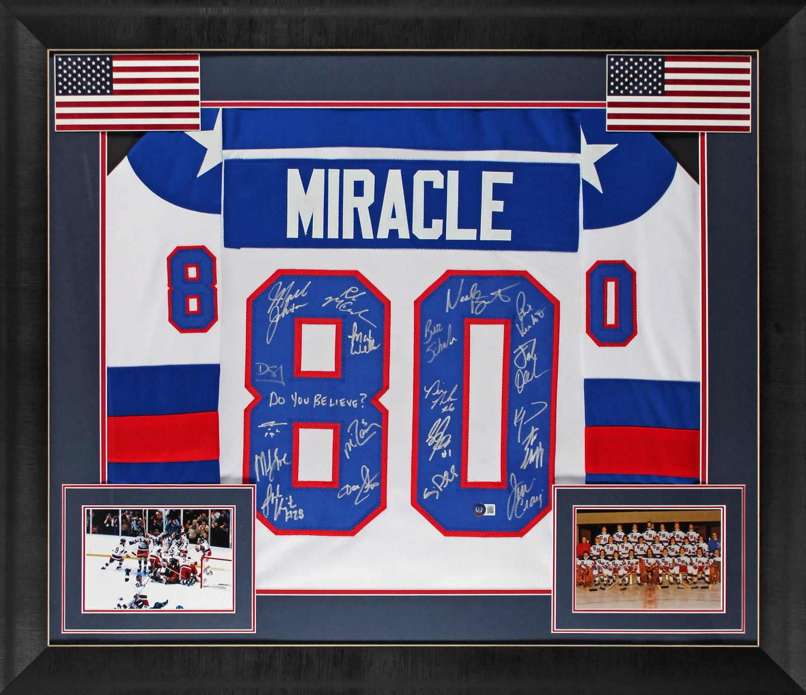 1980 USA Hockey 19 Autos Craig, Eruzione, Broten Signed White Framed Jersey BAS
