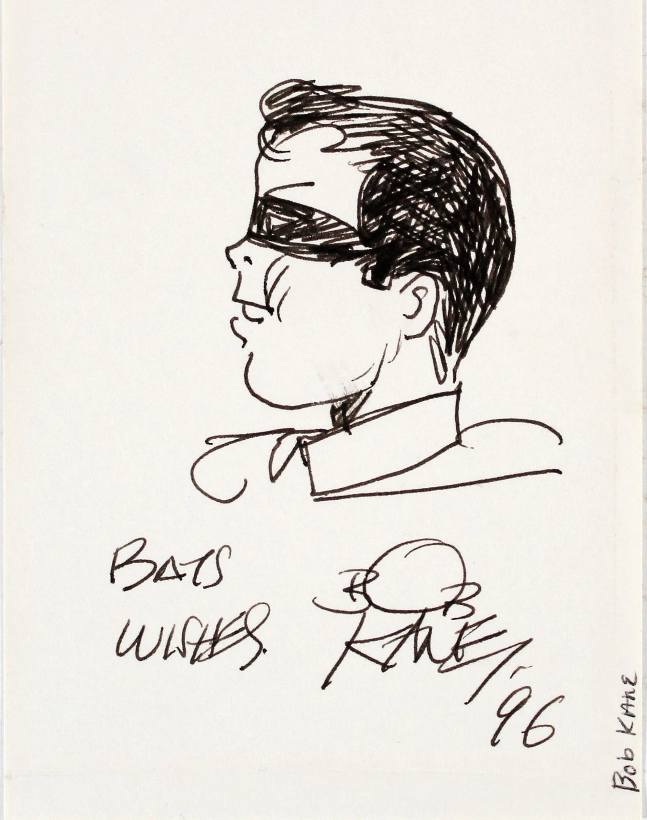 BOB KANE BATS WISHES ’96 AUTHENTIC SIGNED 3×4 ROBIN SKETCH BAS #AC33530 COLLECTIBLE MEMORABILIA
