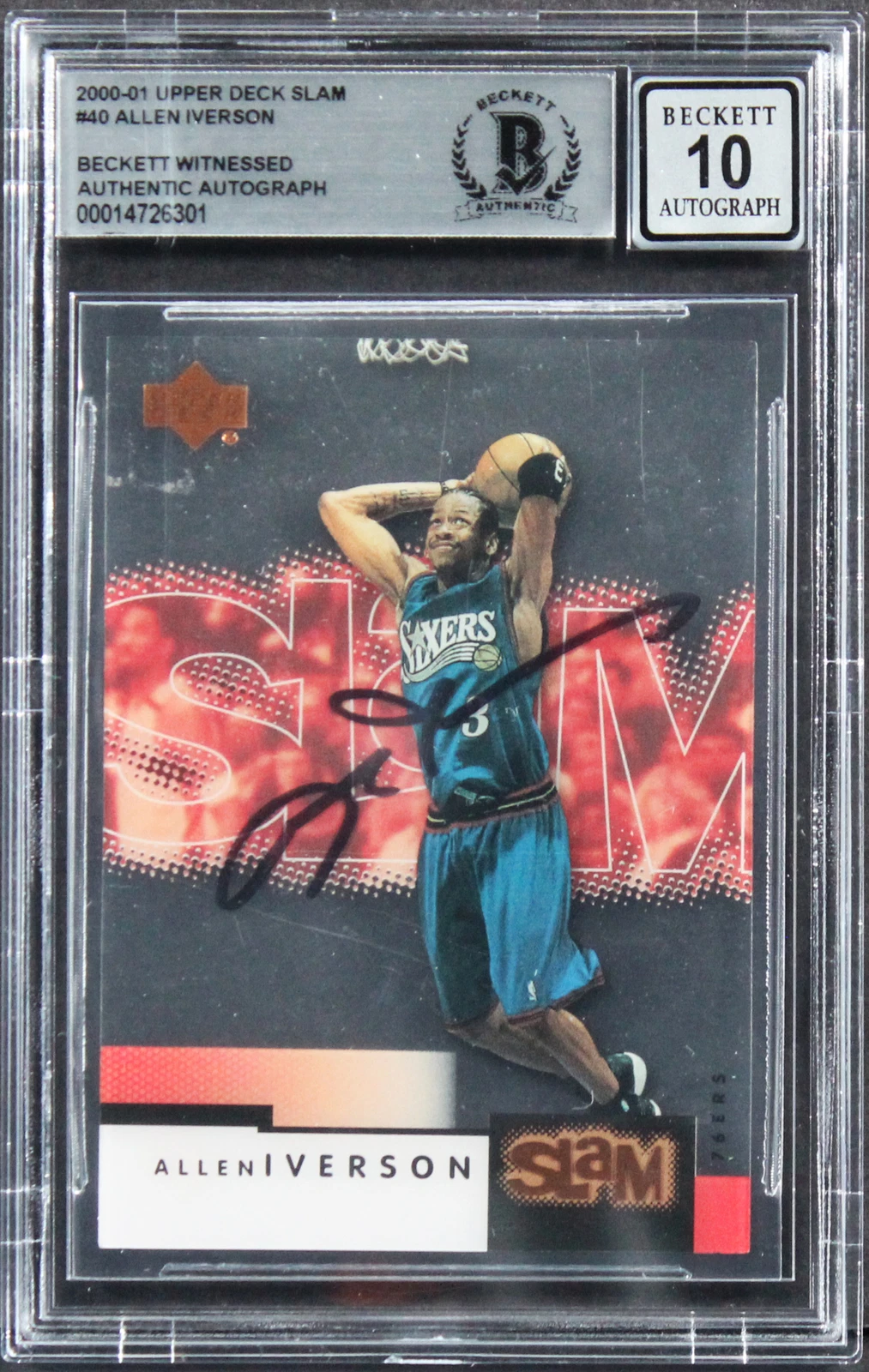 76ers Allen Iverson Signed 2000 Upper Deck Slam #40 Card Auto 10! BAS Slabbed
