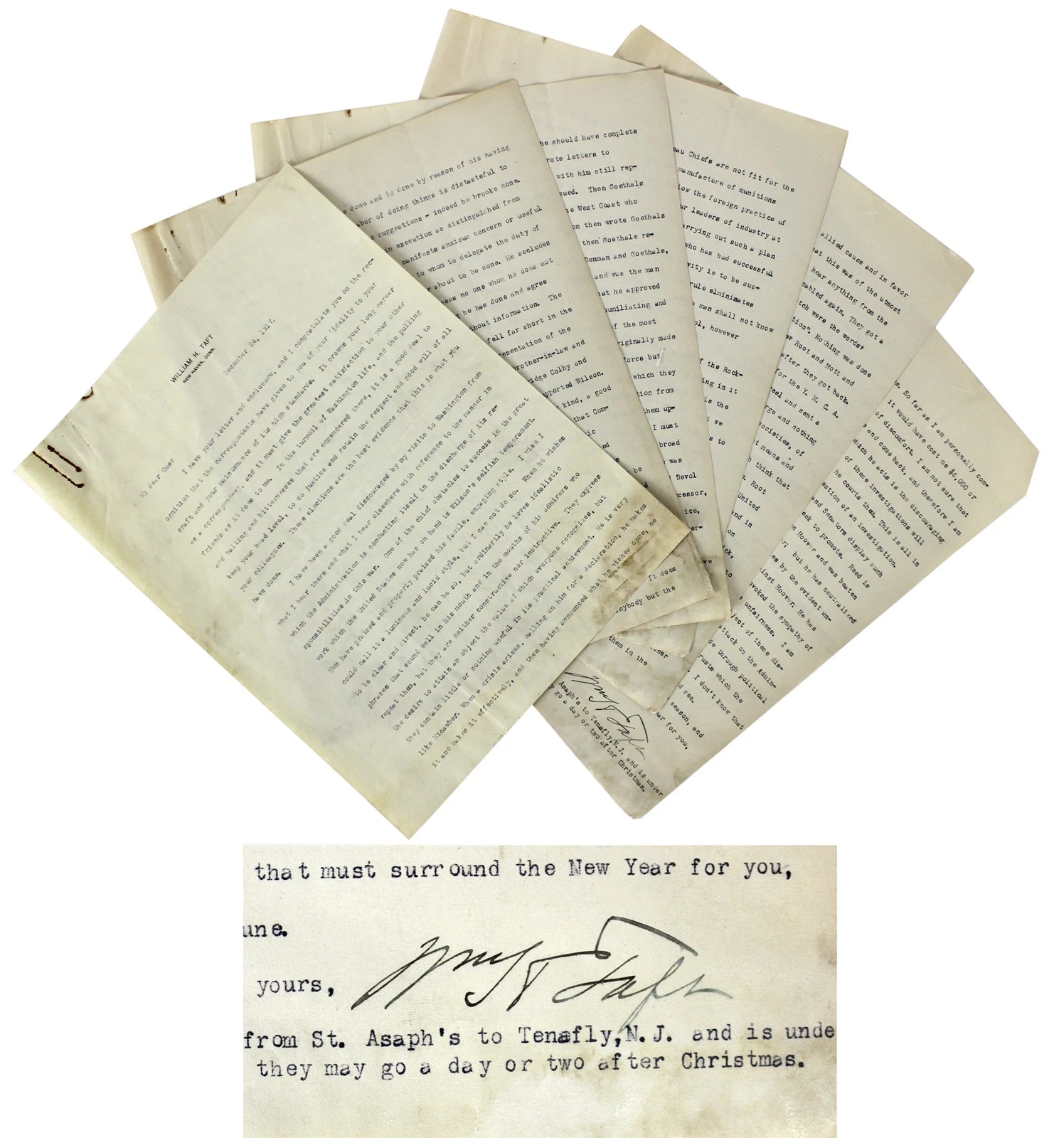 William H. Taft Signed 6 Page 8x10.5 Letter Dated December 24, 1917 BAS #A39056
