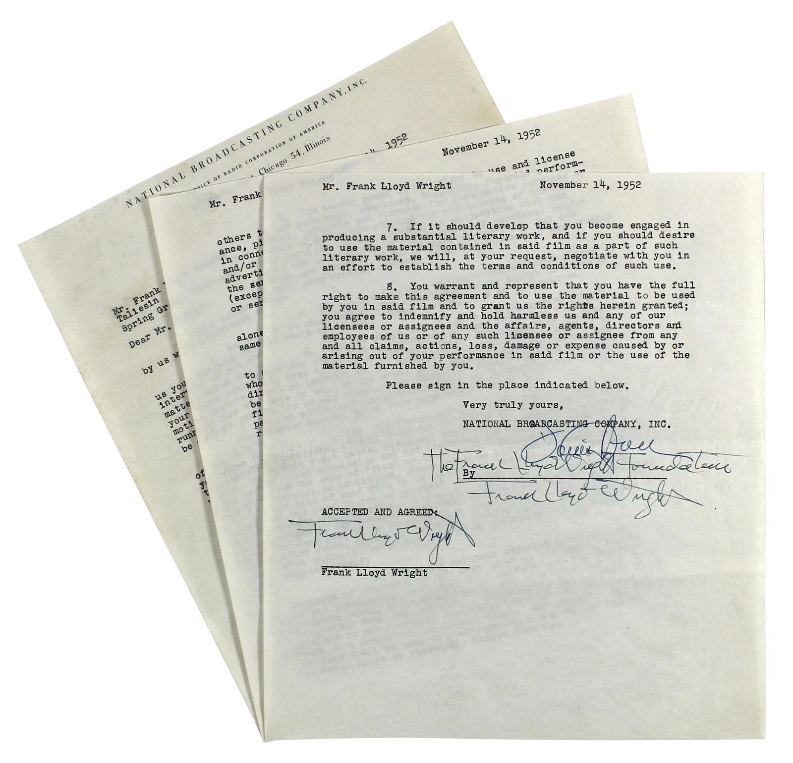 Frank Lloyd Wright Authentic 3x Signed 8.35x9.5 3 Page NBC Contract BAS #AB14681
