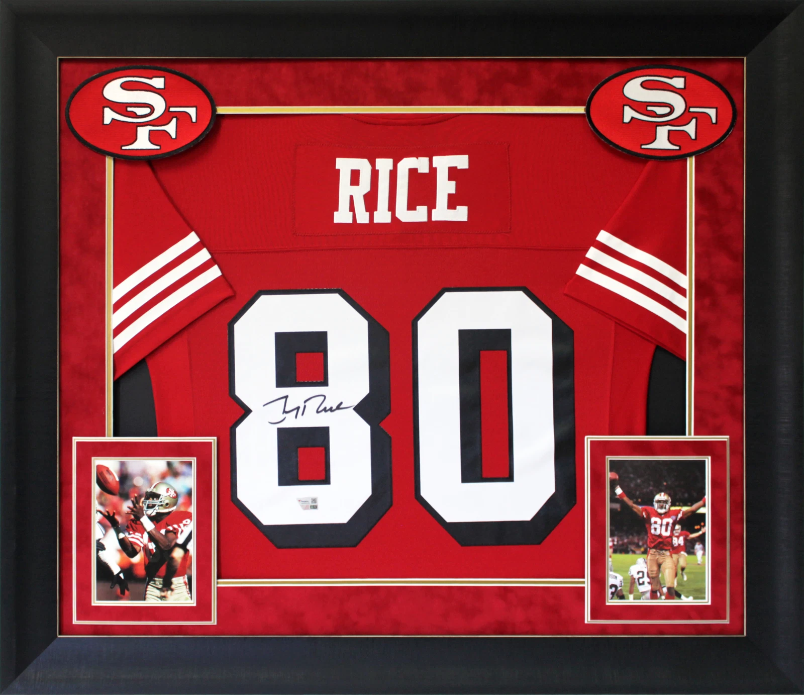 49ers Jerry Rice Signed Red Mitchell & Ness Framed Jersey w/ Dropshadow Fanatics

