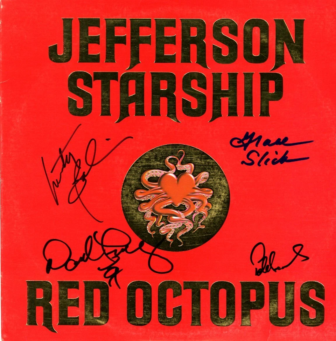 GRACE SLICK + 3 signed Jefferson Starship RED OCTOPUS Record ACOA
