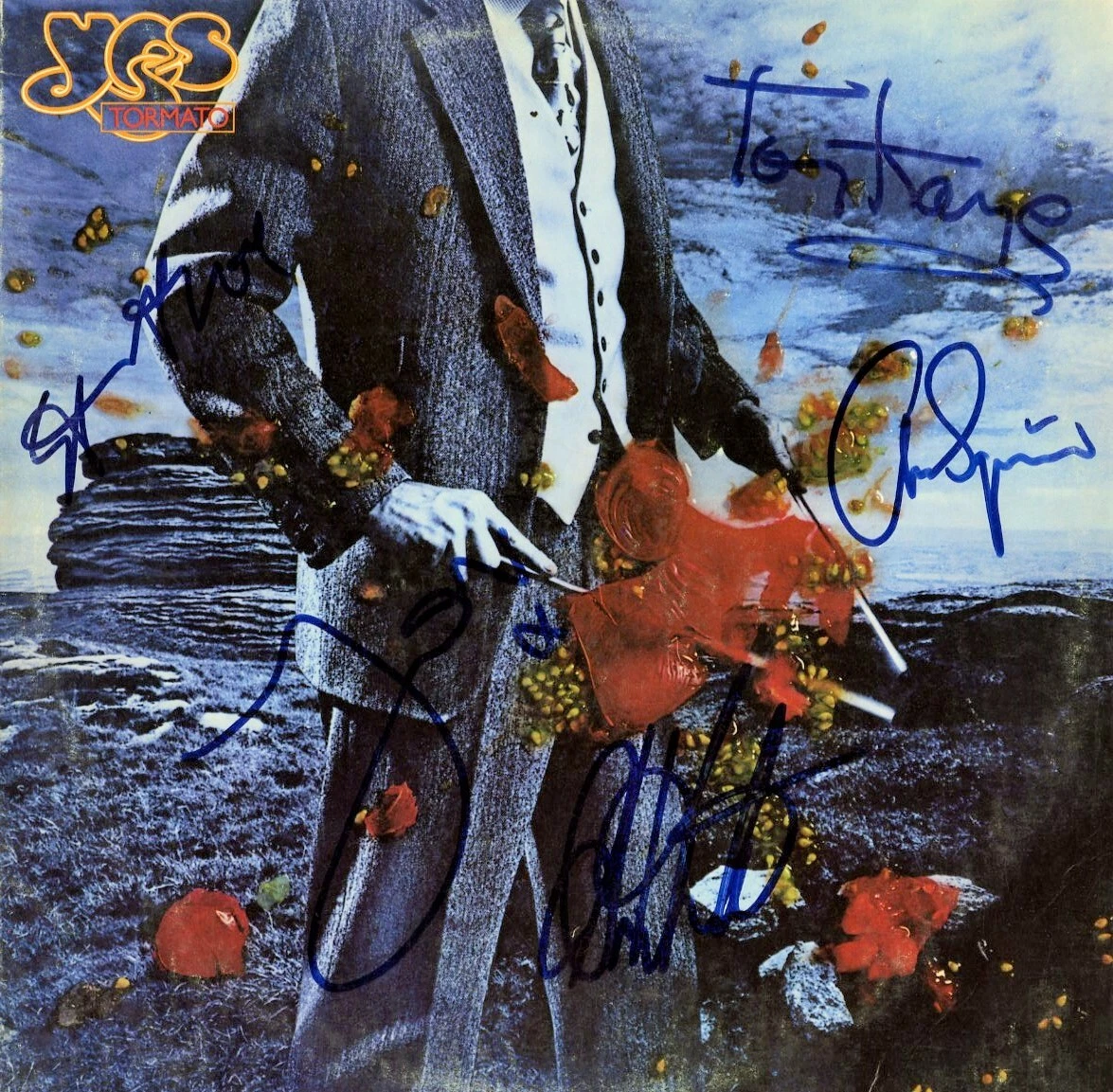 YES TORMATO LP JACKET. SIGNED BY ALL 5, JON, STEVE, ALAN, CHRIS AND TONY!!! ACOA COLLECTIBLE MEMORABILIA