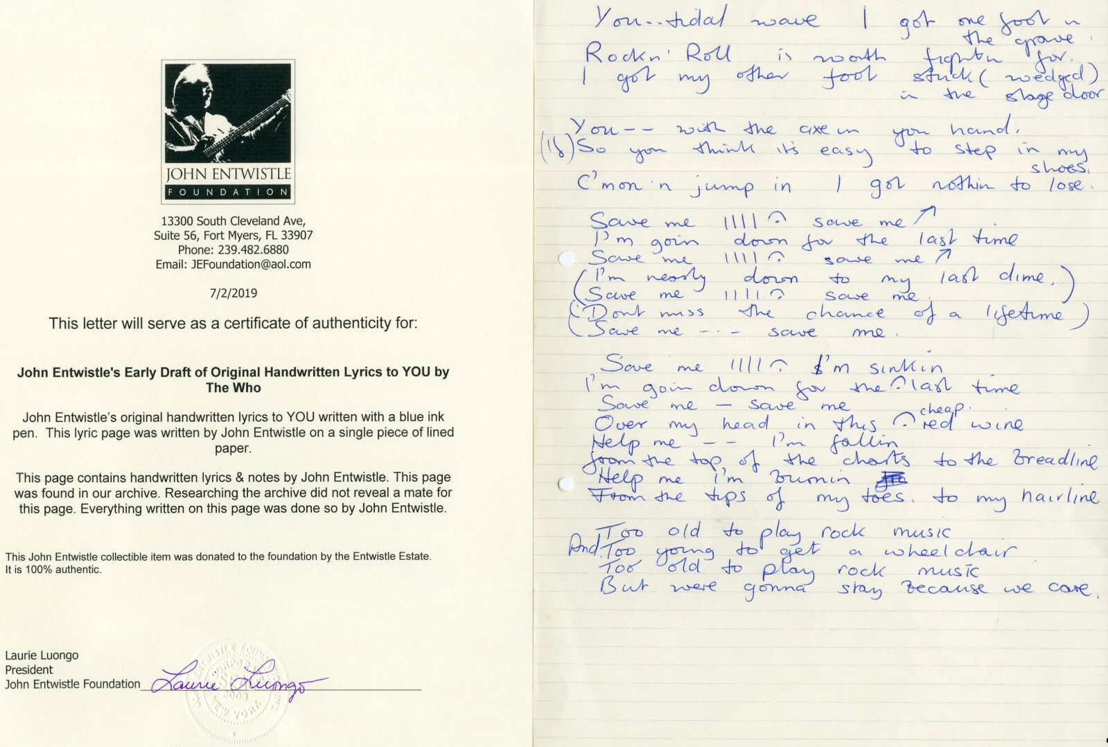 John Entwistle of The Who hand written lyrics 