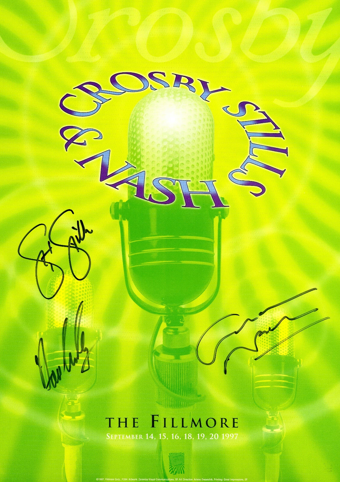 CSN Crosby Stills Nash SIGNED Fillmore Concert Poster 1997, (Green) ACOA
