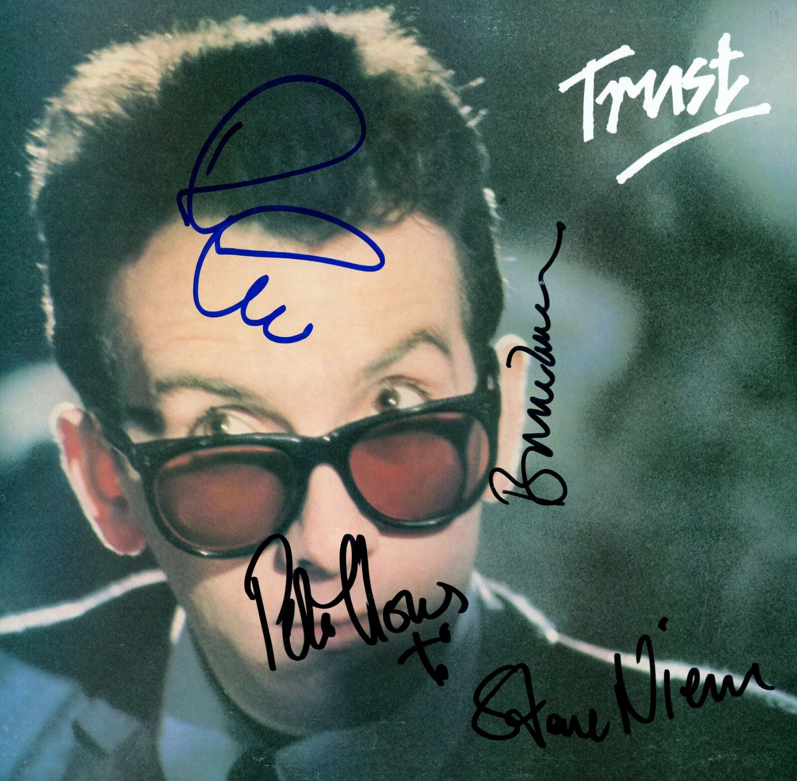 ELVIS COSTELLO Trust SIGNED RECORD Pete Thomas Steve Nieve & Bruce ACOA
