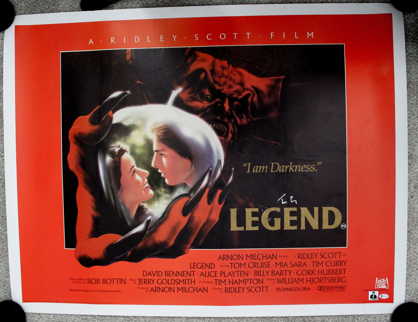 LEGEND 1985 (Ridley Scott) SIGNED UK Quad Poster TIM CURRY, Linen Backed BAS
