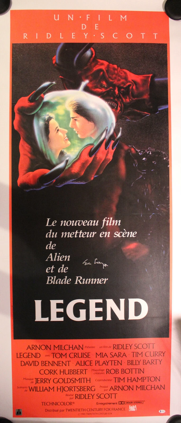 LEGEND 1985 (Ridley Scott) SIGNED French Door Poster TIM CURRY, Linen Backed BAS
